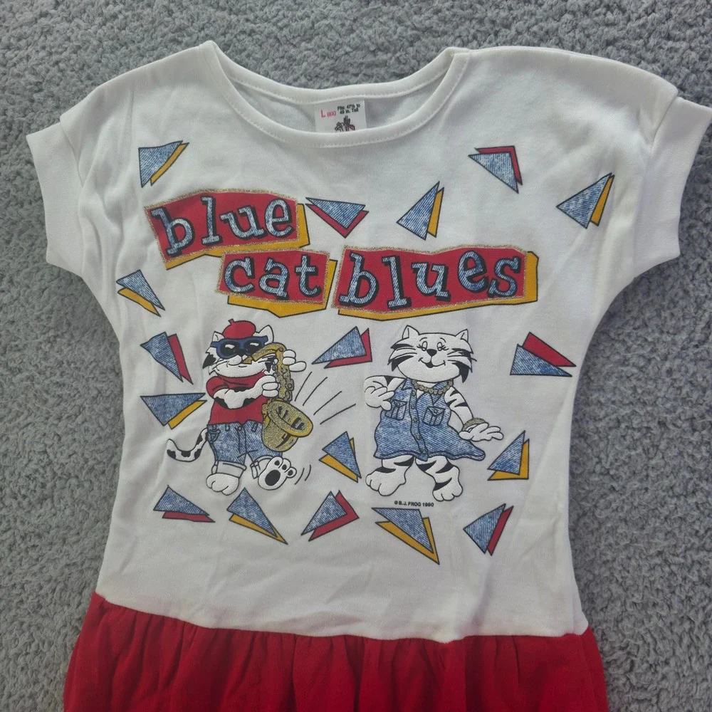 Vintage 1990 Sears Girls Blue Cat Blues Drop Waist Dress White Red Size 6X USA